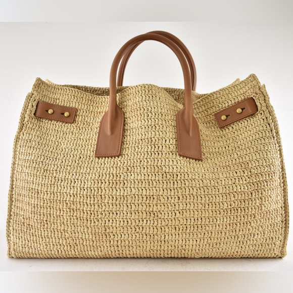 Saint Laurent Medium Sac De Jour Raffia Beige Brown Shoulder Top Handle Tote Bag - Picture 11 of 16